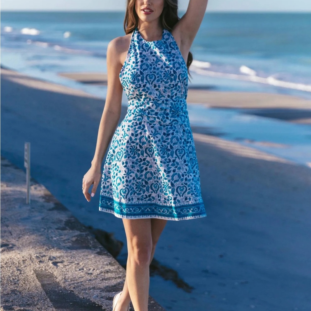 Sue Sartor Mini Halter Tie Neck Dress in Blue Larkspur